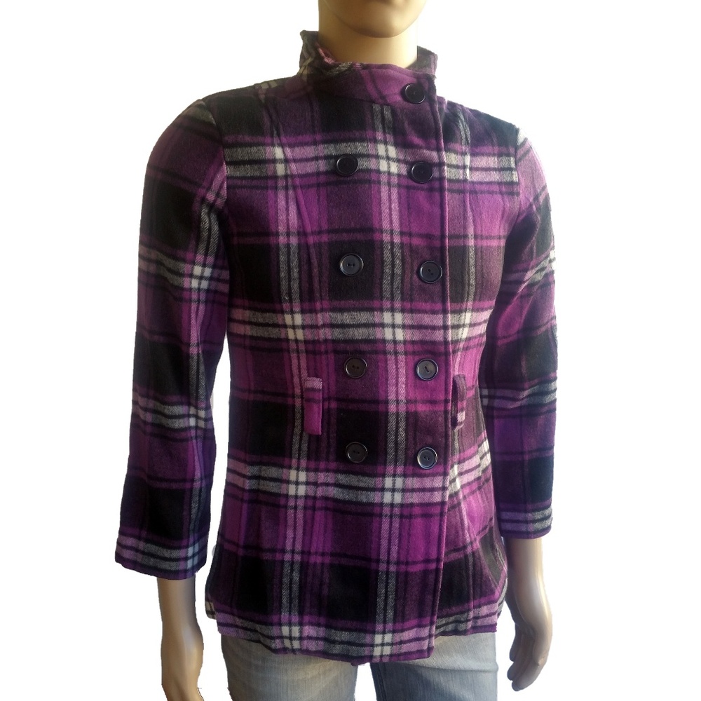 BCX Girl Purple Plaid Button Front Coat Size XL